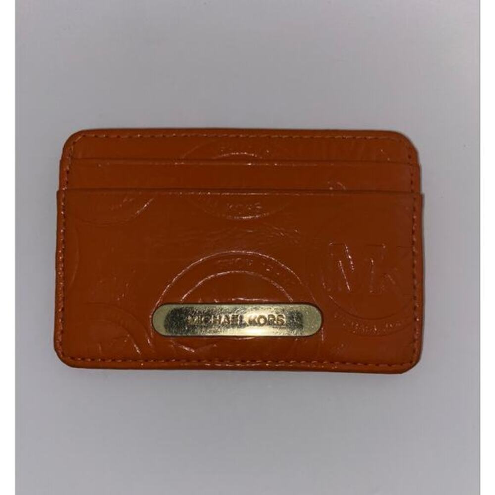 Michael Kors Orange Embossed Leather Card Holder Wallet Card Case Slim Compact